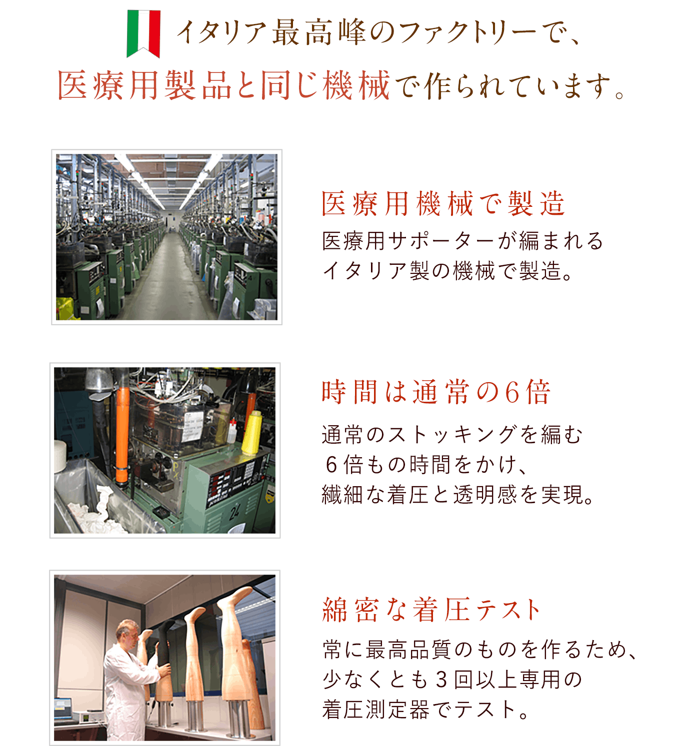 メディカル ステイフィット イタリア最高峰のファクトリーで、医療用製品と同じ機械で作られています。